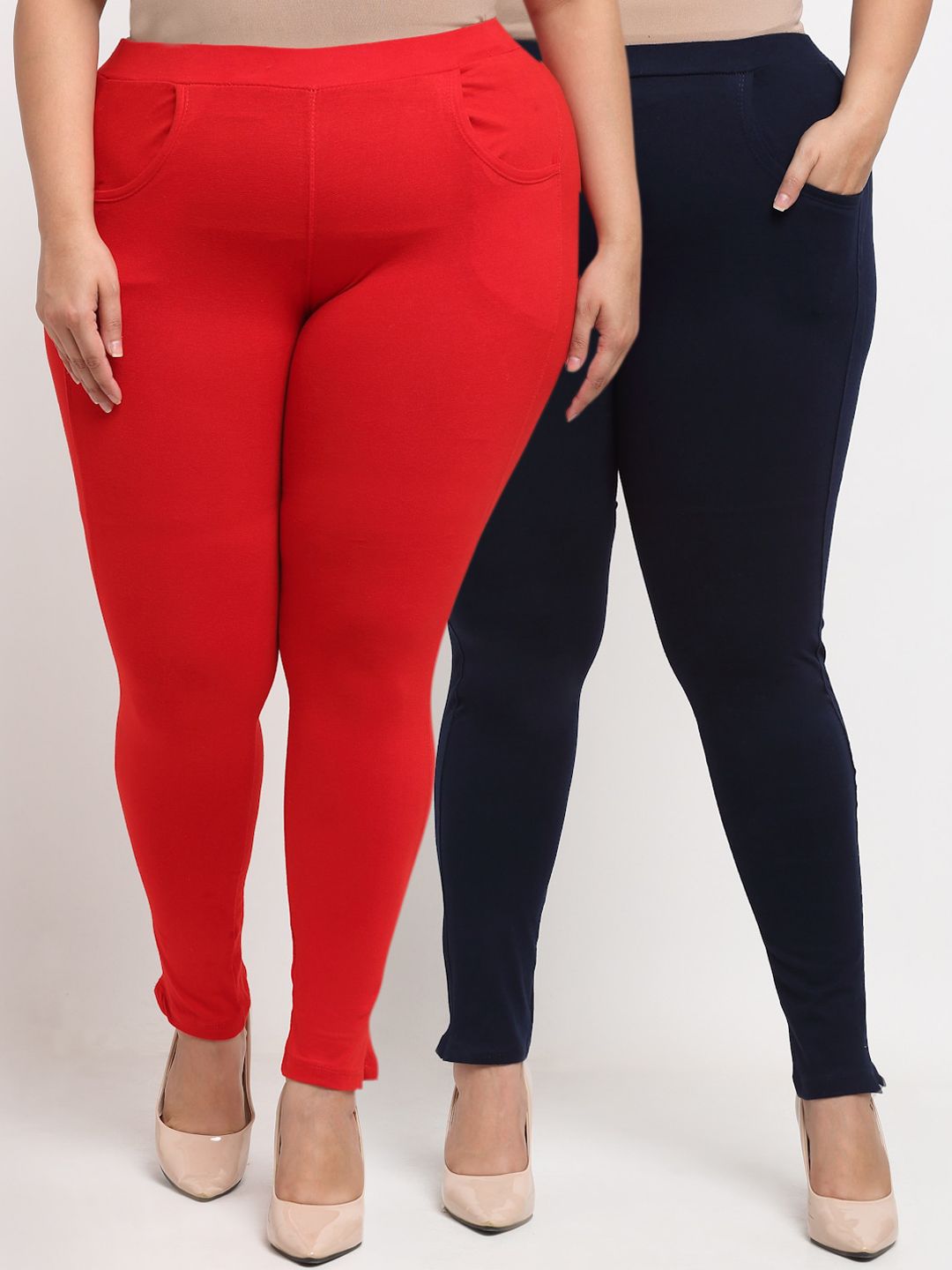 KLOTTHE Women Plus Size Pack of 2 Red & Navy Blue Solid Leggings Price in India