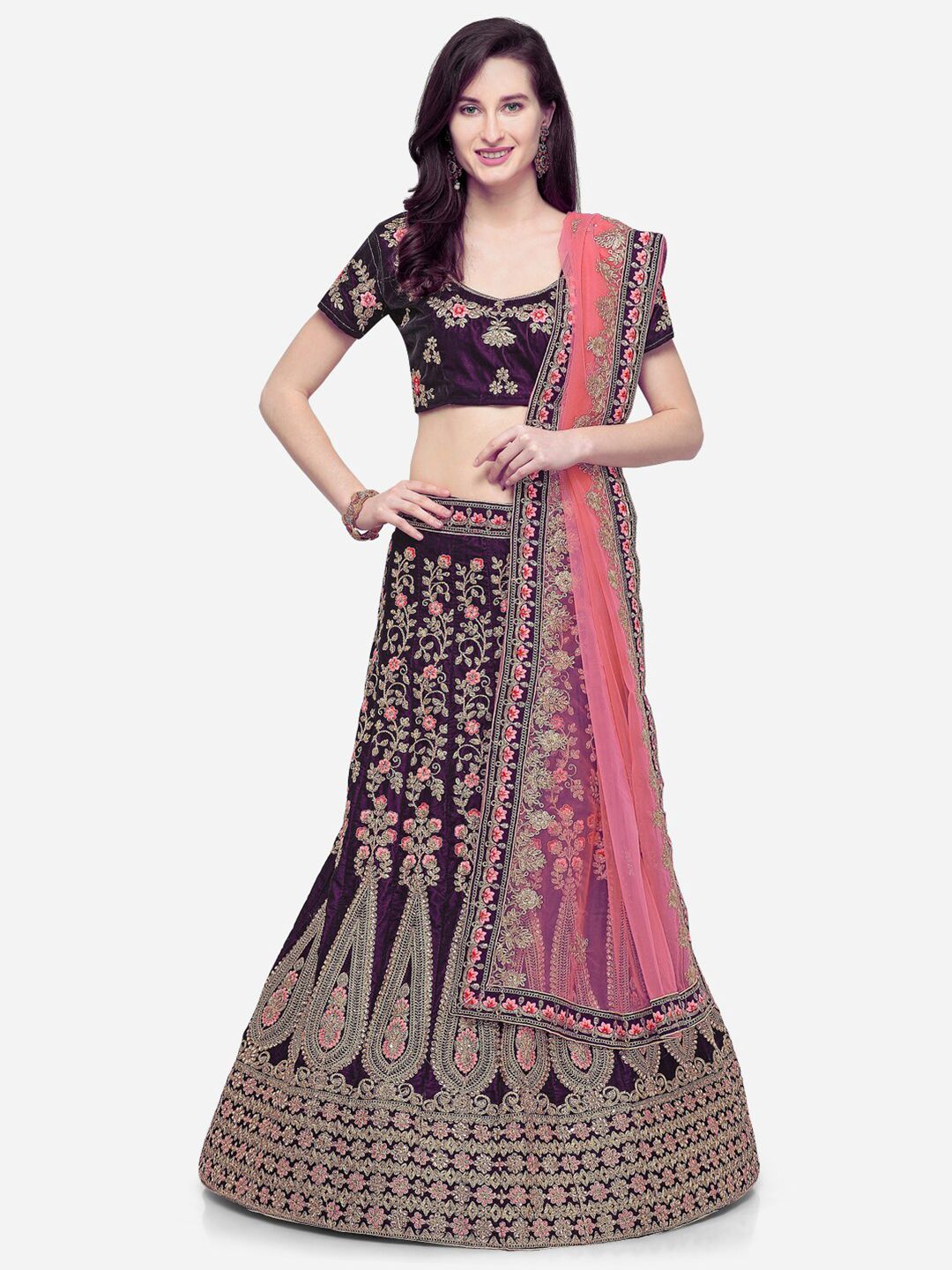 V SALES Purple & Pink Embroidered Semi-Stitched Lehenga & Unstitched Choli With Dupatta Price in India
