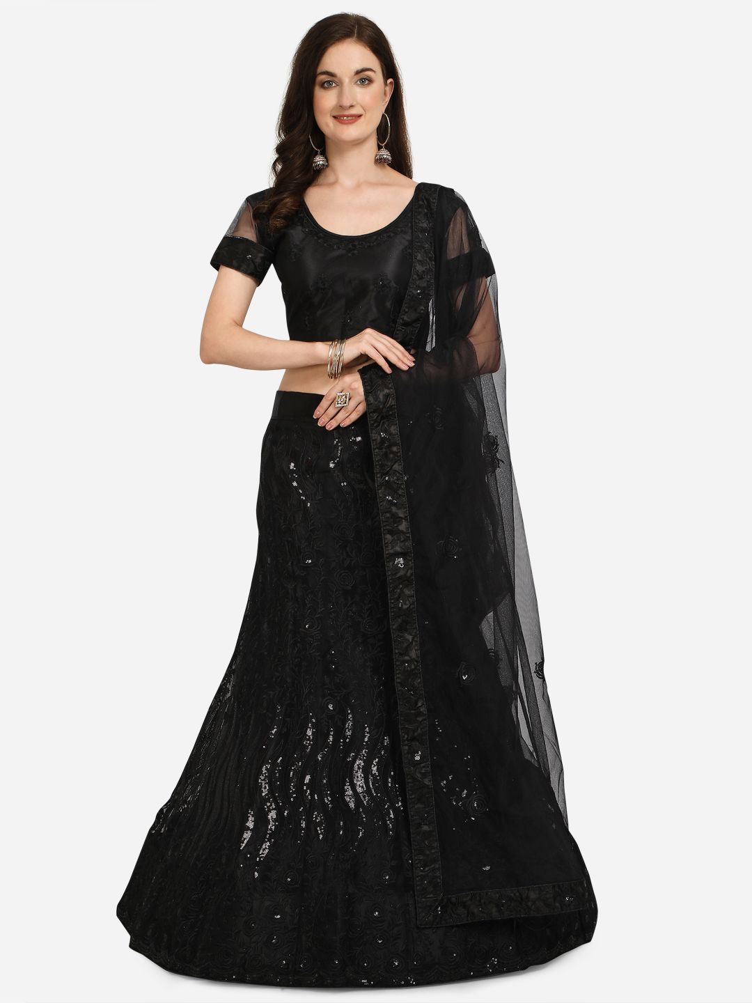 V SALES Black Embroidered Sequinned Semi-Stitched Lehenga & Unstitched Choli With Dupatta Price in India
