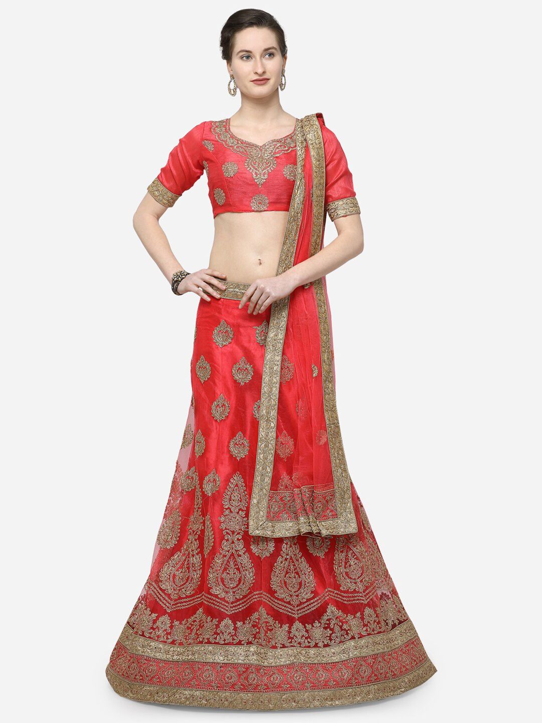 V SALES Peach & Gold-Toned Zari Semi-Stitched Lehenga & Unstitched Choli With Dupatta
