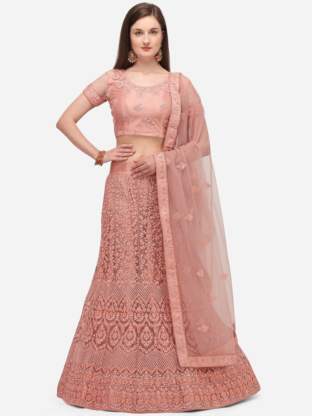 V SALES Pink Embroidered Thread Work Semi-Stitched Lehenga & Unstitched Choli With Dupatta