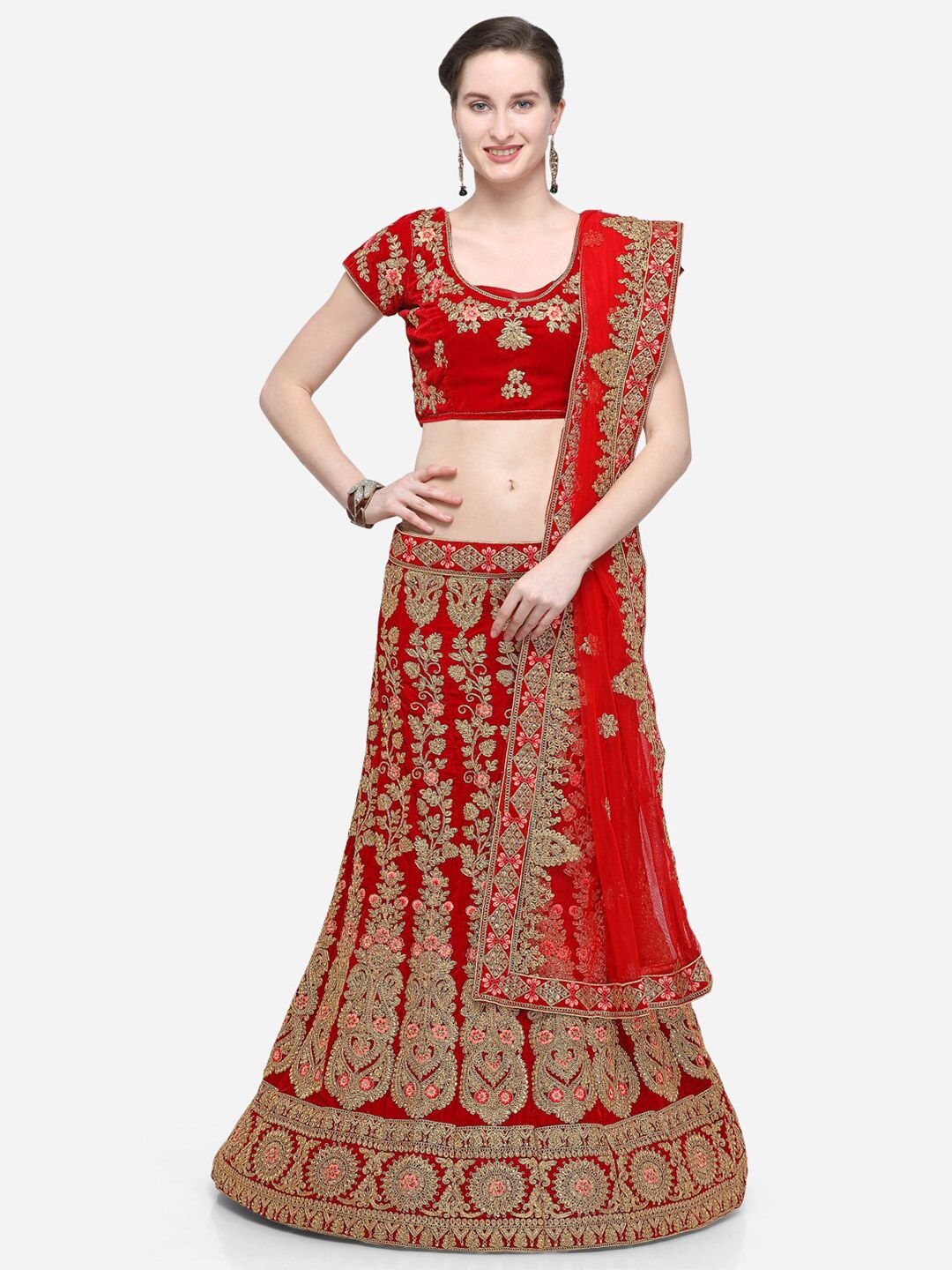 V SALES Red & Gold-Toned Embroidered Semi-Stitched Lehenga & Unstitched Choli With Dupatta Price in India