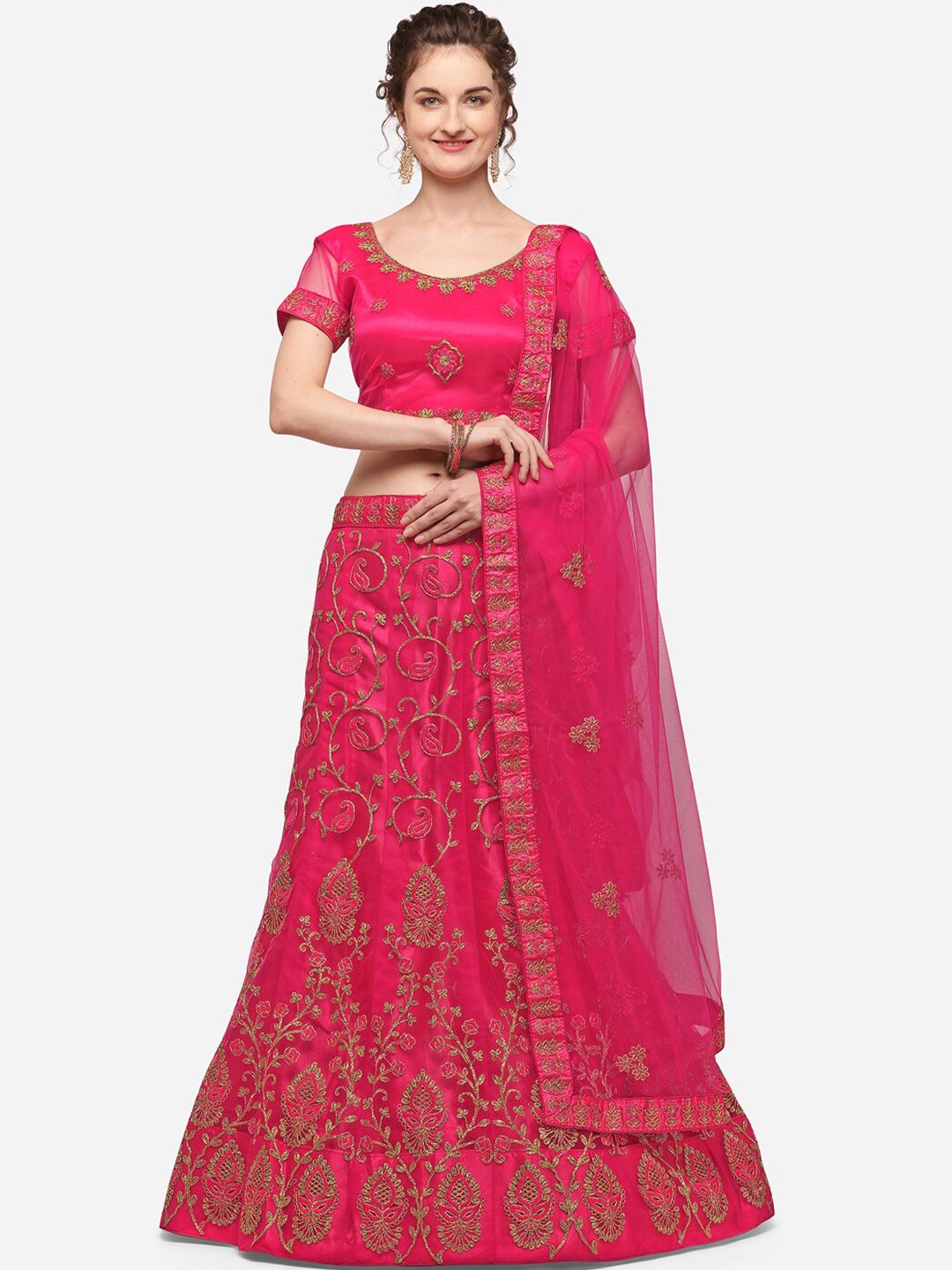 V SALES Pink & Gold-Toned Zari Semi-Stitched Lehenga & Unstitched Choli With Dupatta