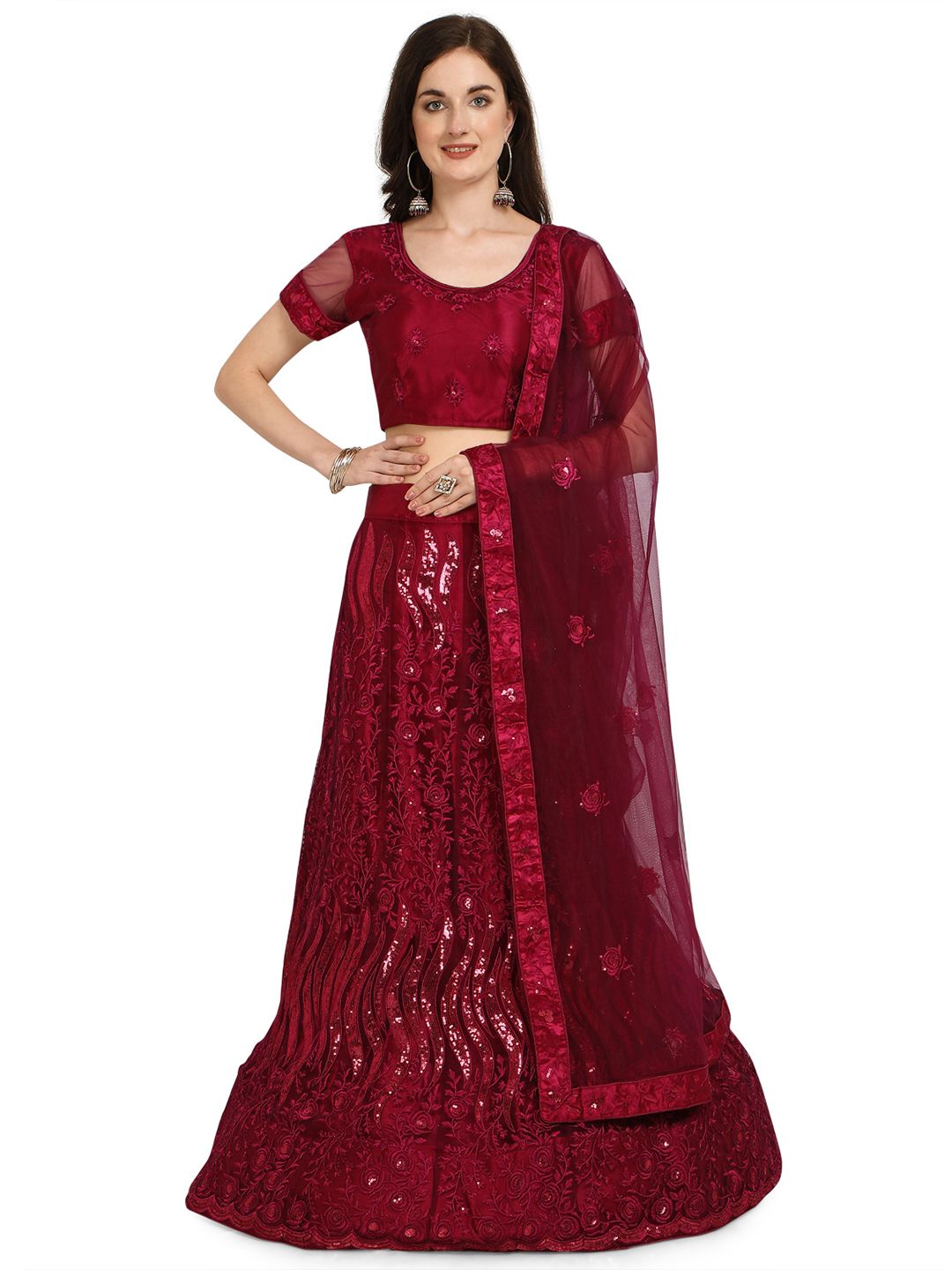 V SALES Maroon Embellished Semi-Stitched Lehenga & Unstitched Blouse with Dupatta Price in India