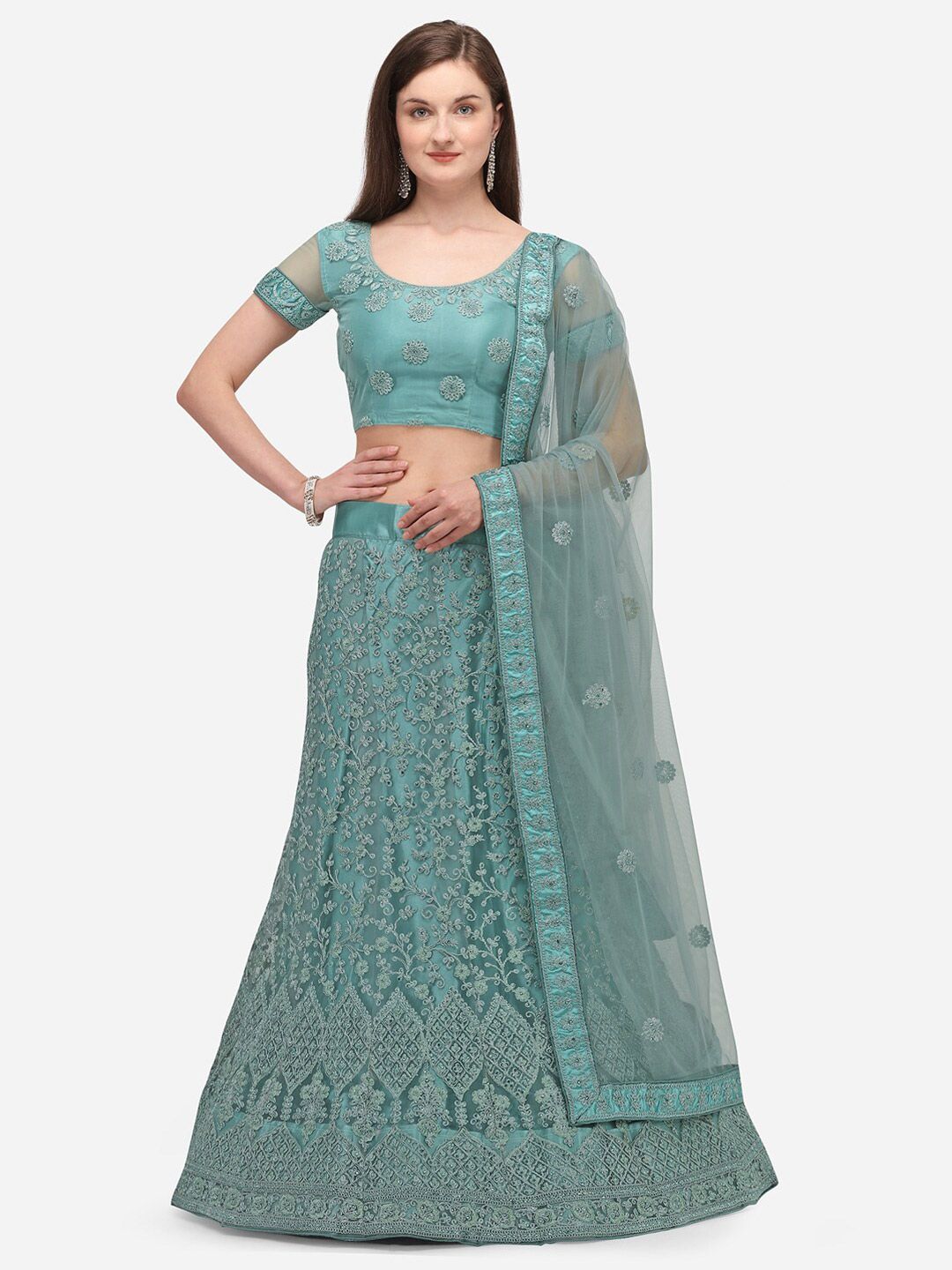 V SALES Blue Embroidered Semi-Stitched Lehenga & Unstitched Blouse with Dupatta Price in India