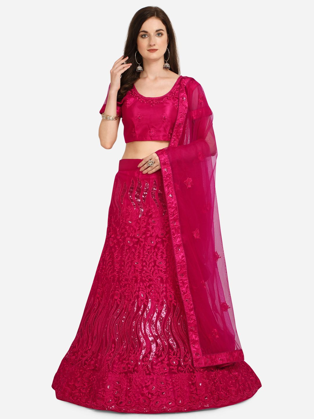 V SALES Pink Embroidered Semi-Stitched Lehenga & Unstitched Blouse with Dupatta Price in India