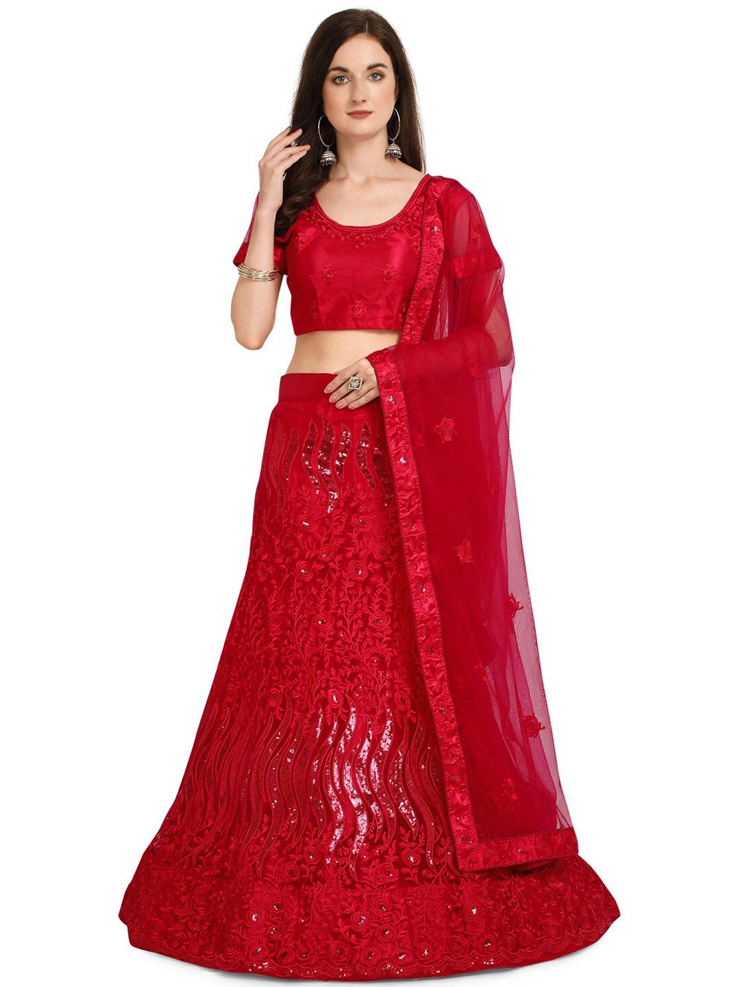 V SALES Red Embroidered Semi-Stitched Lehenga & Unstitched Blouse with Dupatta