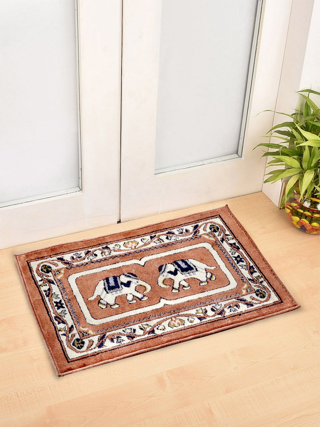 Arrabi Set Of 2 Brown & Off-White Ethnic Motifs Synthetic Floor Mats Price in India