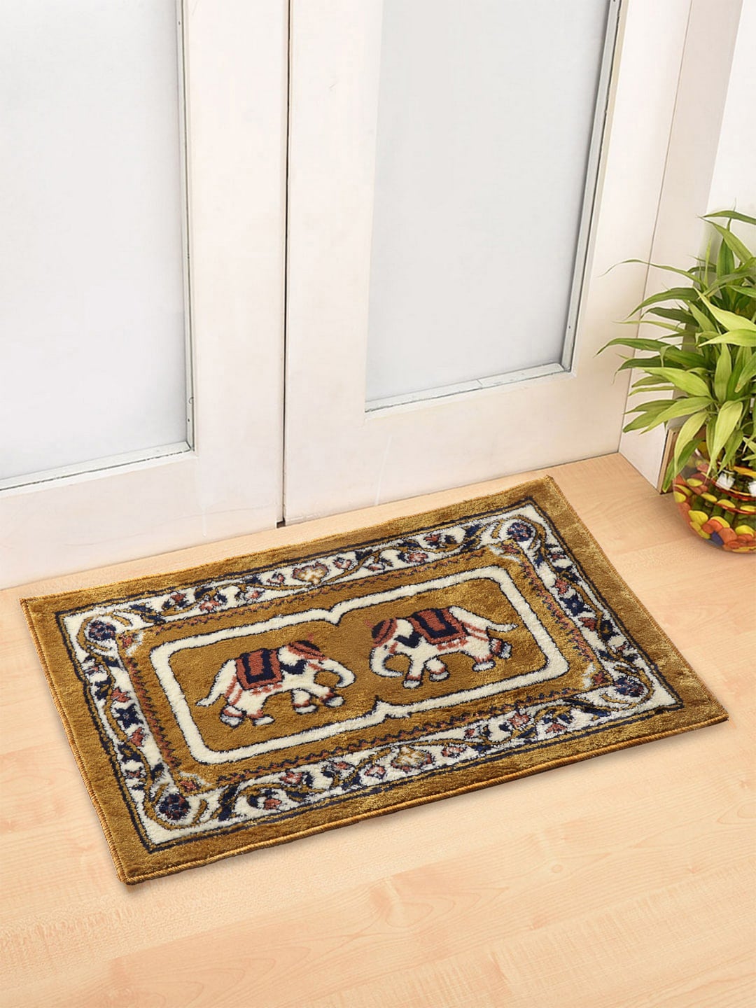 Arrabi Set Of 2 Mustard Yellow & Off-White Ethnic Motifs Synthetic Floor Mats Price in India
