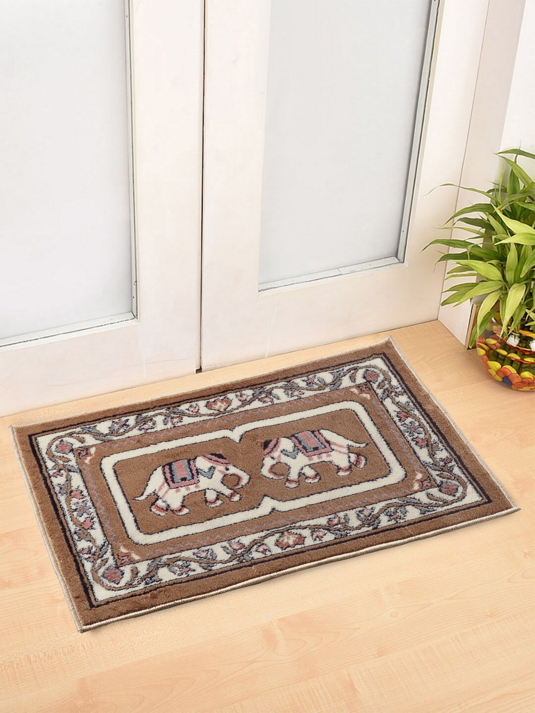 Arrabi Set Of 2 Brown & Off-White Ethnic Motifs Synthetic Floor Mats Price in India