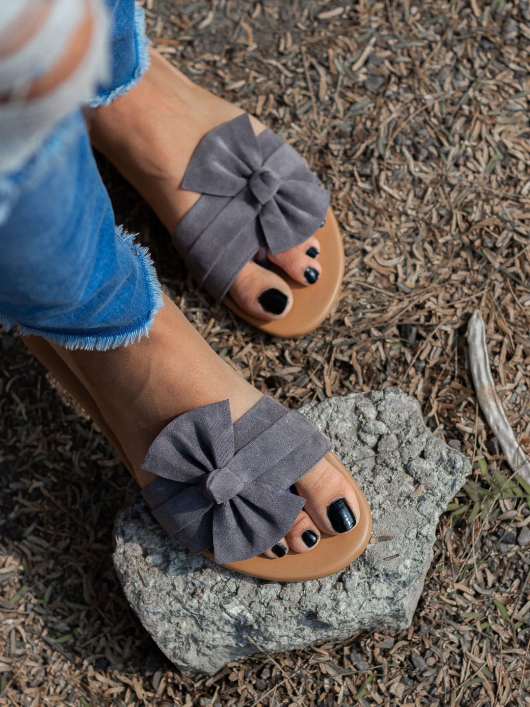 Brauch Women Grey Open Toe Flats with Bows Price in India