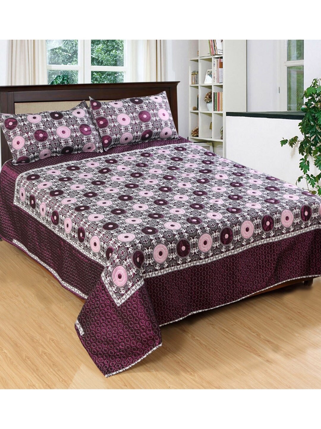 Varde Purple & White Woven Design Double King Bedcover With 2 Pillow Covers Price in India
