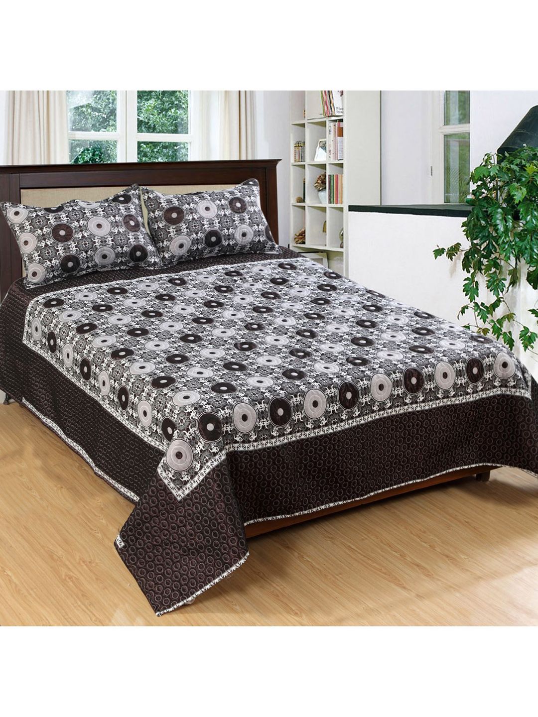 Varde Brown & Grey Woven-Design Jacquard Double Bed Cover With Pillow Covers Price in India