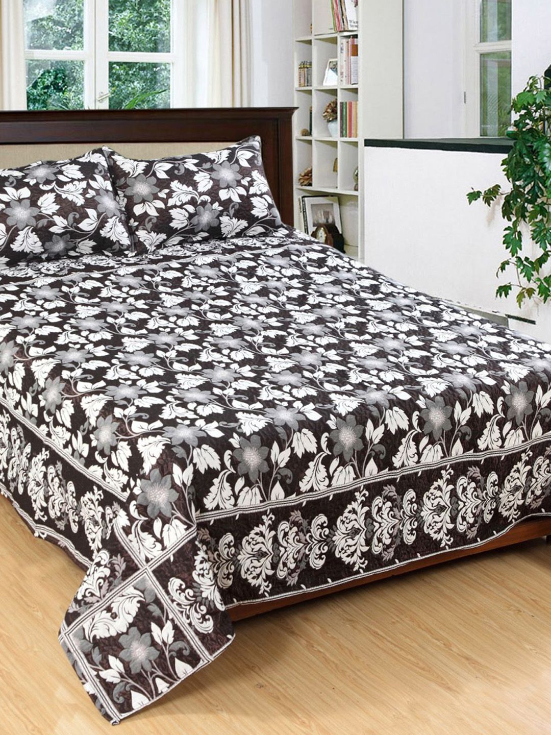 Varde Brown & White Woven Design Double King Size Bedcover With 2 Pillow Cover Price in India