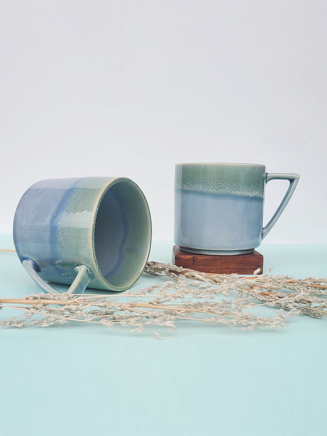 Folkstorys Set of 2 Blue & Green Textured Ceramic Glossy Cups and Mugs Price in India