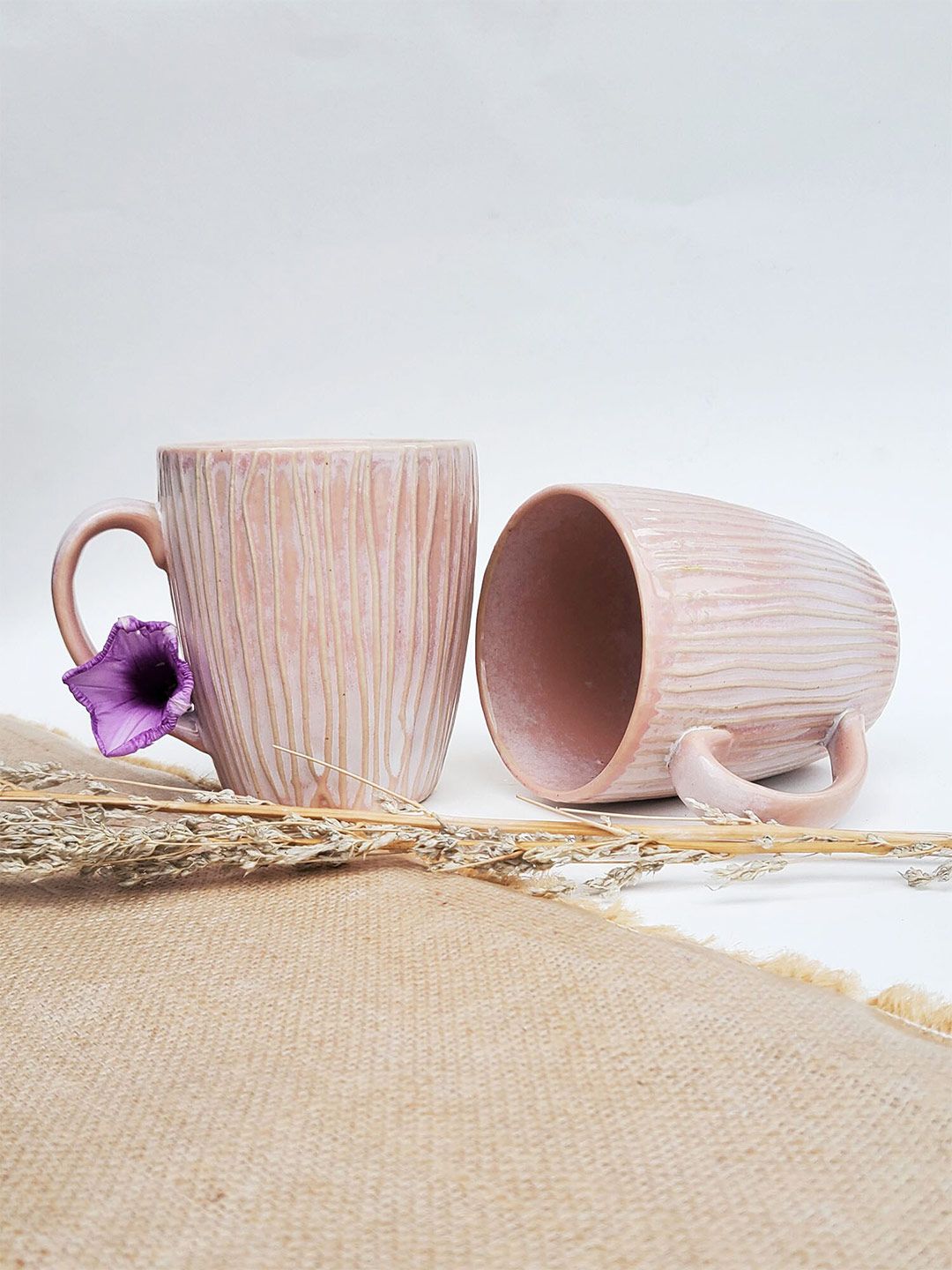 Folkstorys Set of 2 Pink Textured Ceramic Glossy Cups and Mugs Price in India