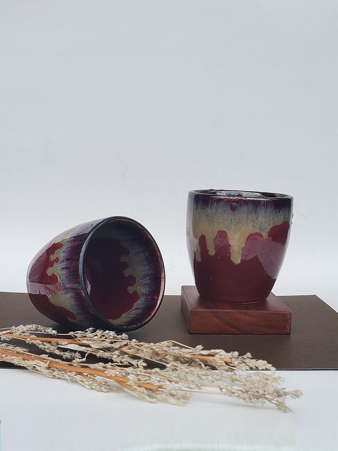 Folkstorys Set of 2 Red & Blue Textured Ceramic Glossy Cups and Mugs Price in India