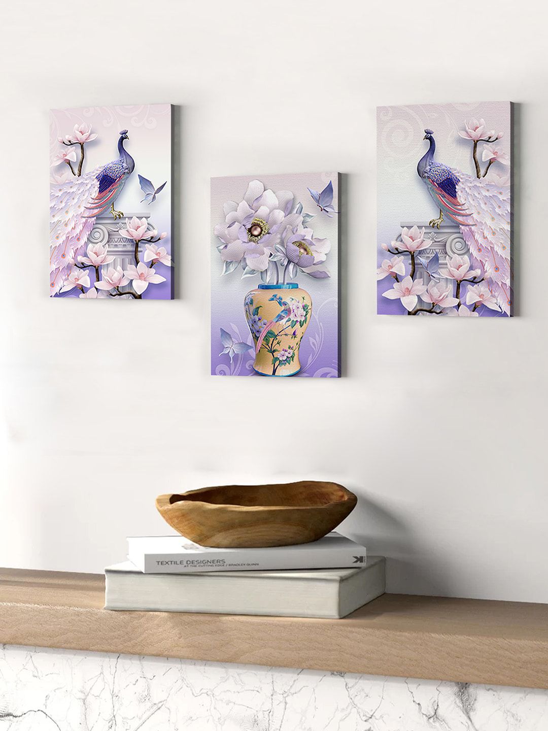 TIED RIBBONS Multicoloured Set of 3 Peacock Wall Painting Price in India