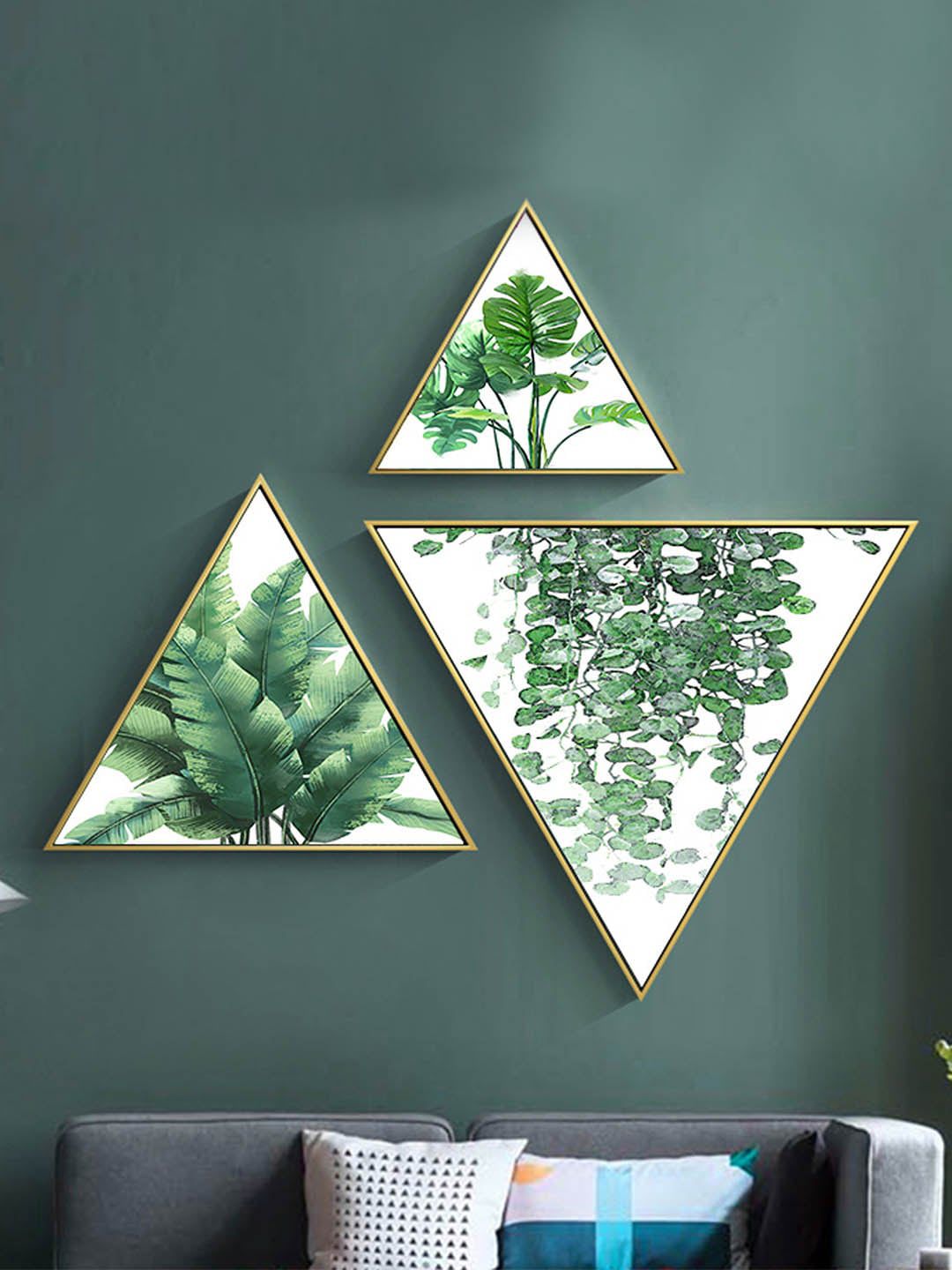 TIED RIBBONS Set Of 3 White & Green Leaf Hand-Painted Wooden Framed Wall Art Price in India
