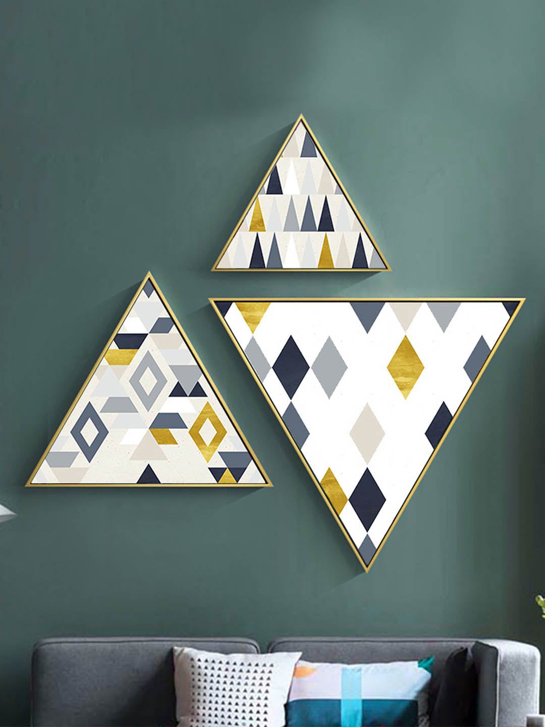 TIED RIBBONS Set Of 3 White & Grey Decorative Triangle Canvas Painting Price in India