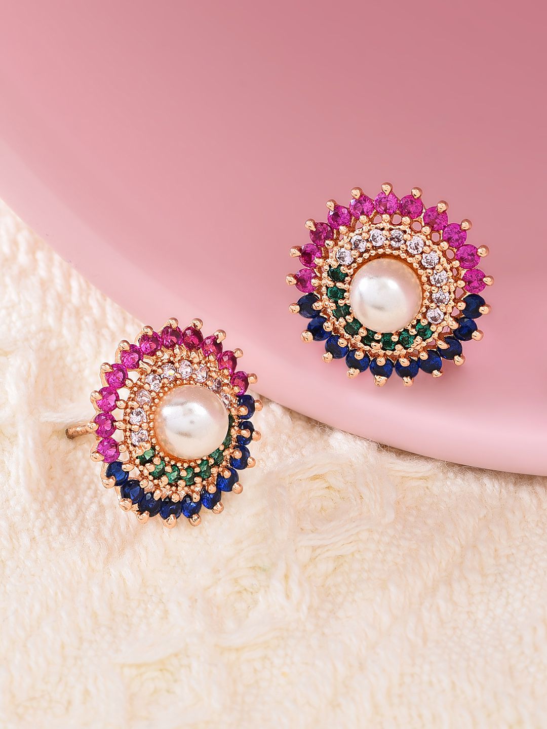 AMI Multicoloured Circular Cubic Zirconia Studs Earrings Price in India