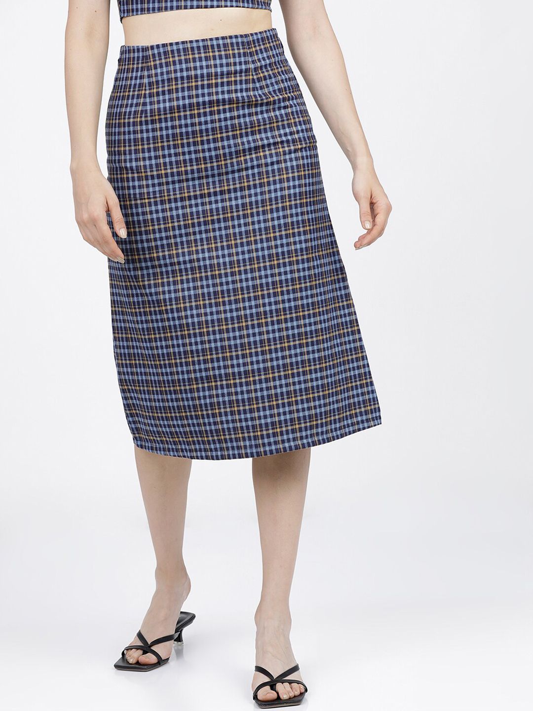 Tokyo Talkies Women Blue & Black Checked A-Line Midi Skirt Price in India