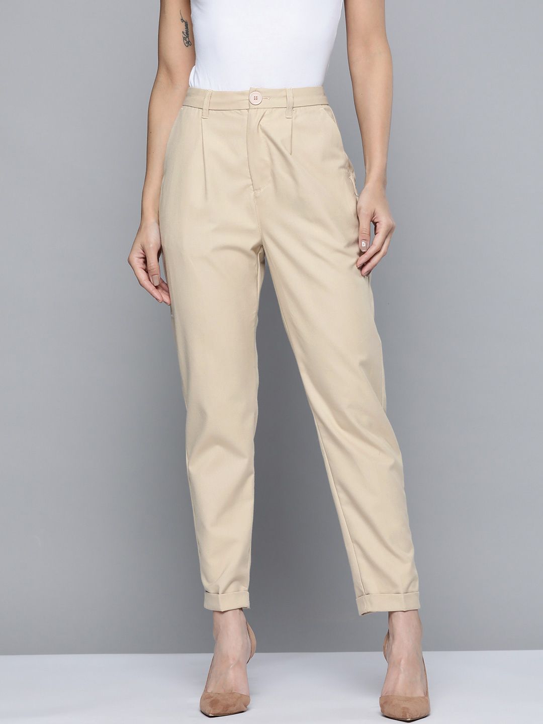 Tokyo Talkies Women Beige High-Rise Pleated Solid Semi-Formal Trousers Price in India