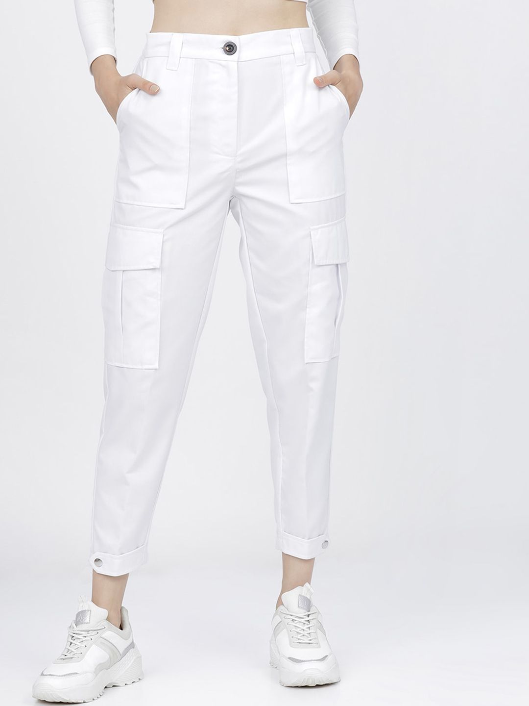 Tokyo Talkies Women White Tapered Fit High-Rise Cargos Trousers Price in India