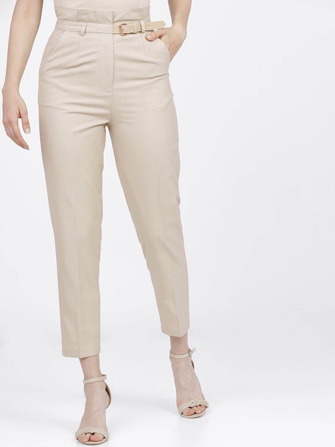 Tokyo Talkies Women Beige High-Rise Trousers Price in India