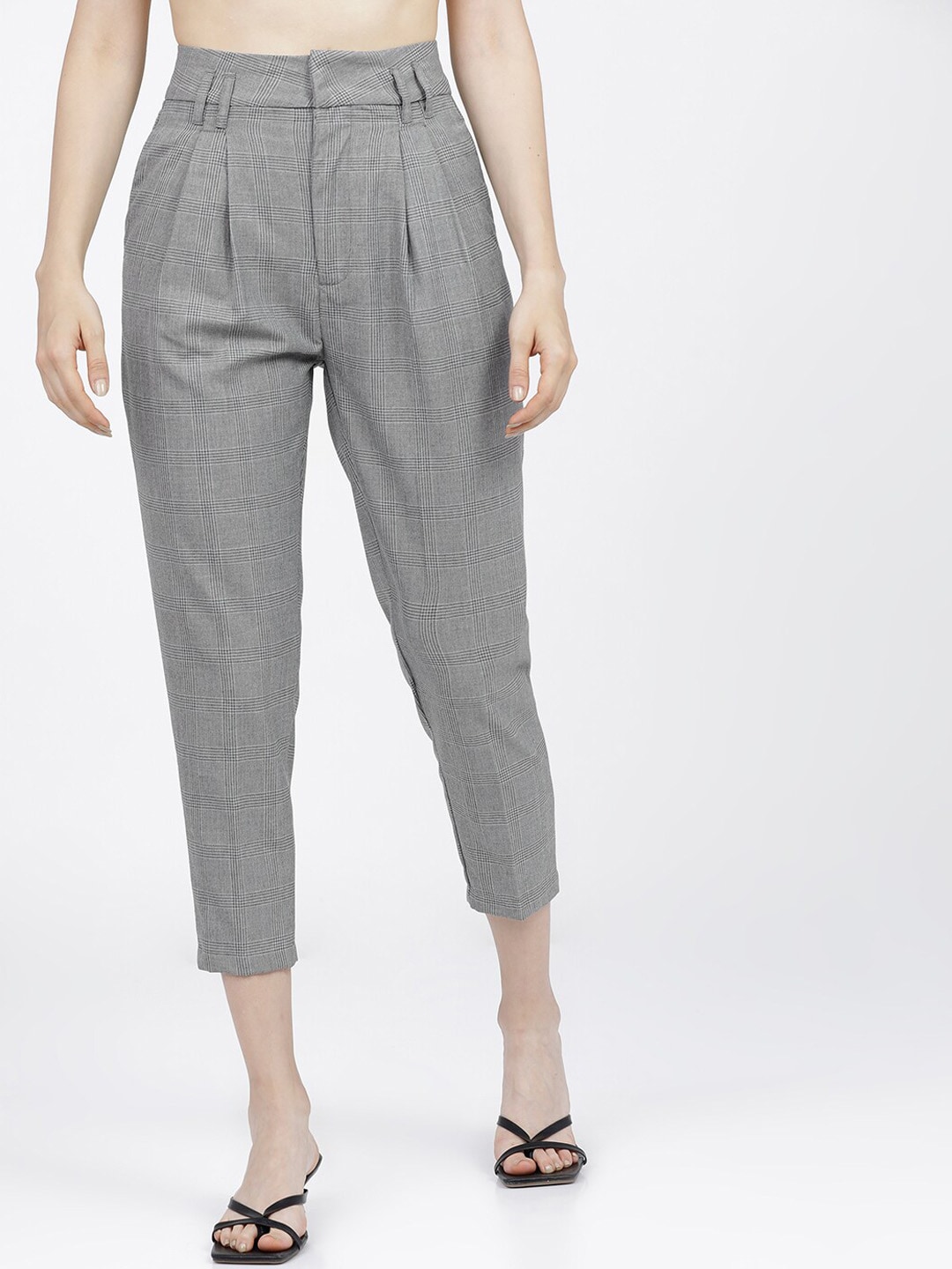 Tokyo Talkies Women Grey Checked High-Rise Pleated Formal Trousers Price in India