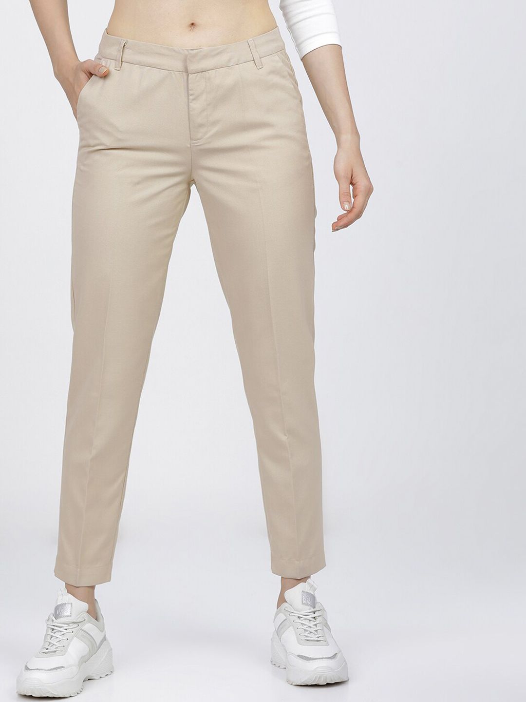 Tokyo Talkies Women Beige Tapered Fit Formal Trousers Price in India
