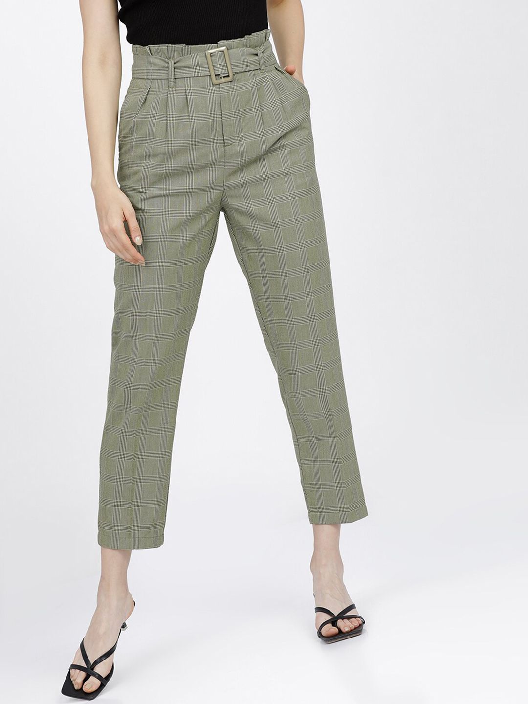 Tokyo Talkies Women Green Checked Tapered Fit High-Rise Easy Wash Formal Trousers Price in India