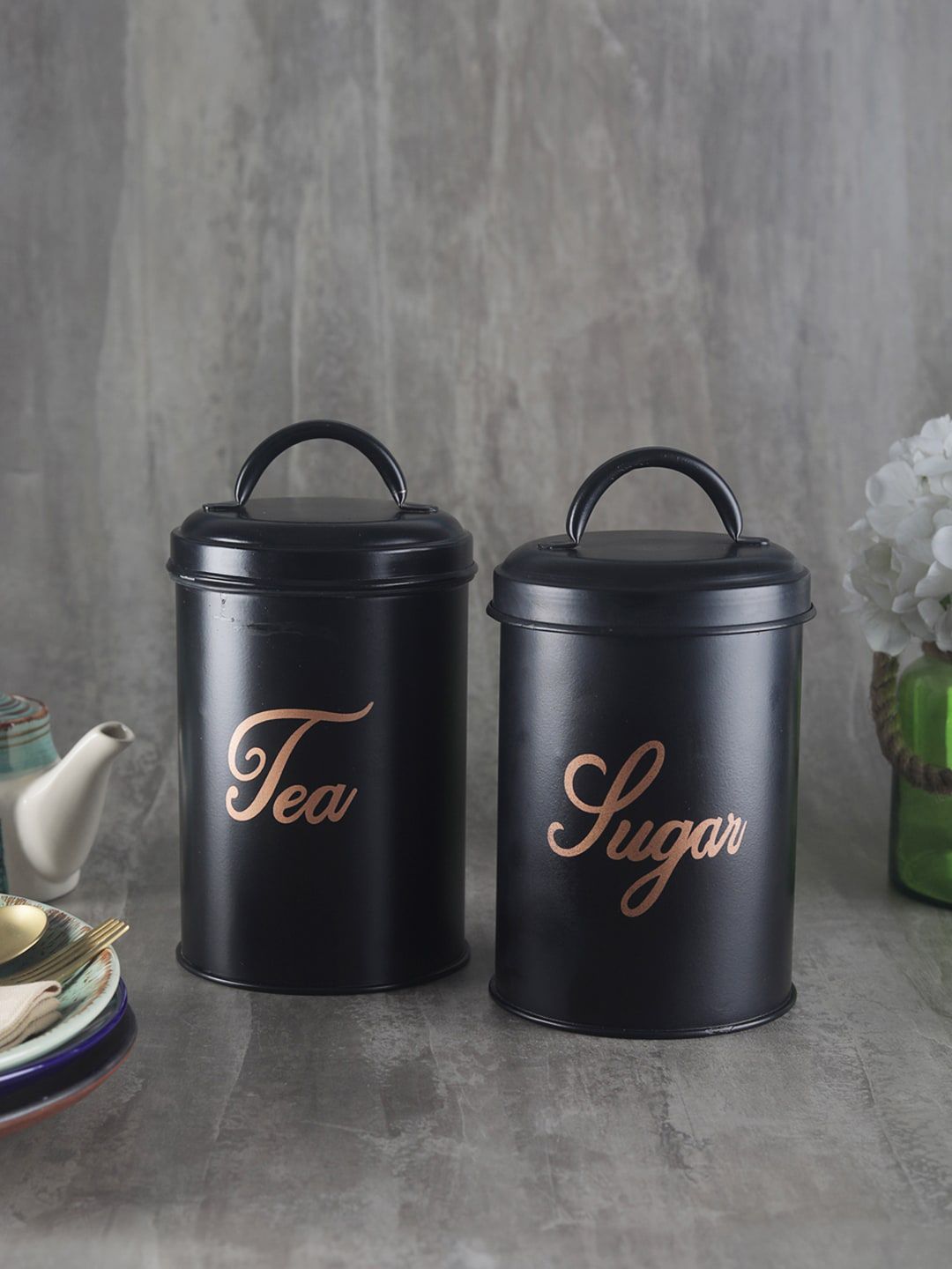 VarEesha Set of 2 Black & Gold Coloured Tea and Sugar Stainless Steel Jars Price in India