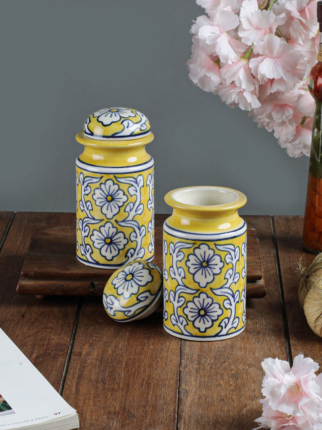 VarEesha Set Of 2 White & Yellow Handcrafted Ceramic Pickle Jars Price in India