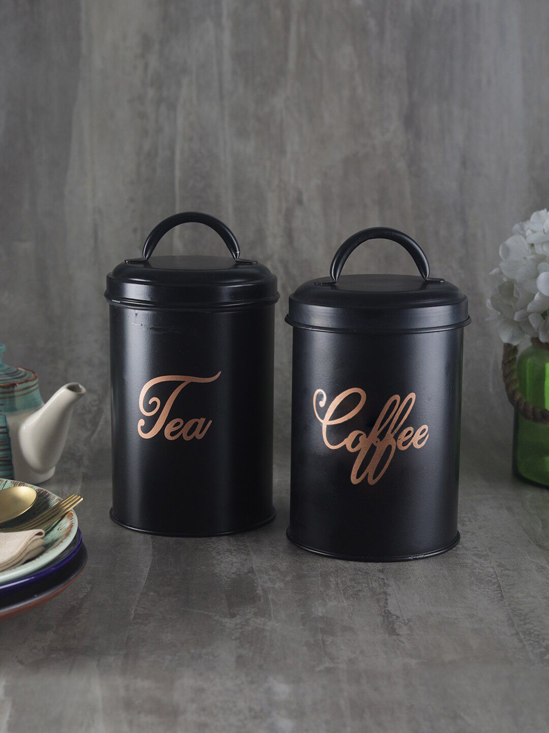 VarEesha Set of 2 Black & Gold Coloured Tea and Sugar Stainless Steel Jars Price in India