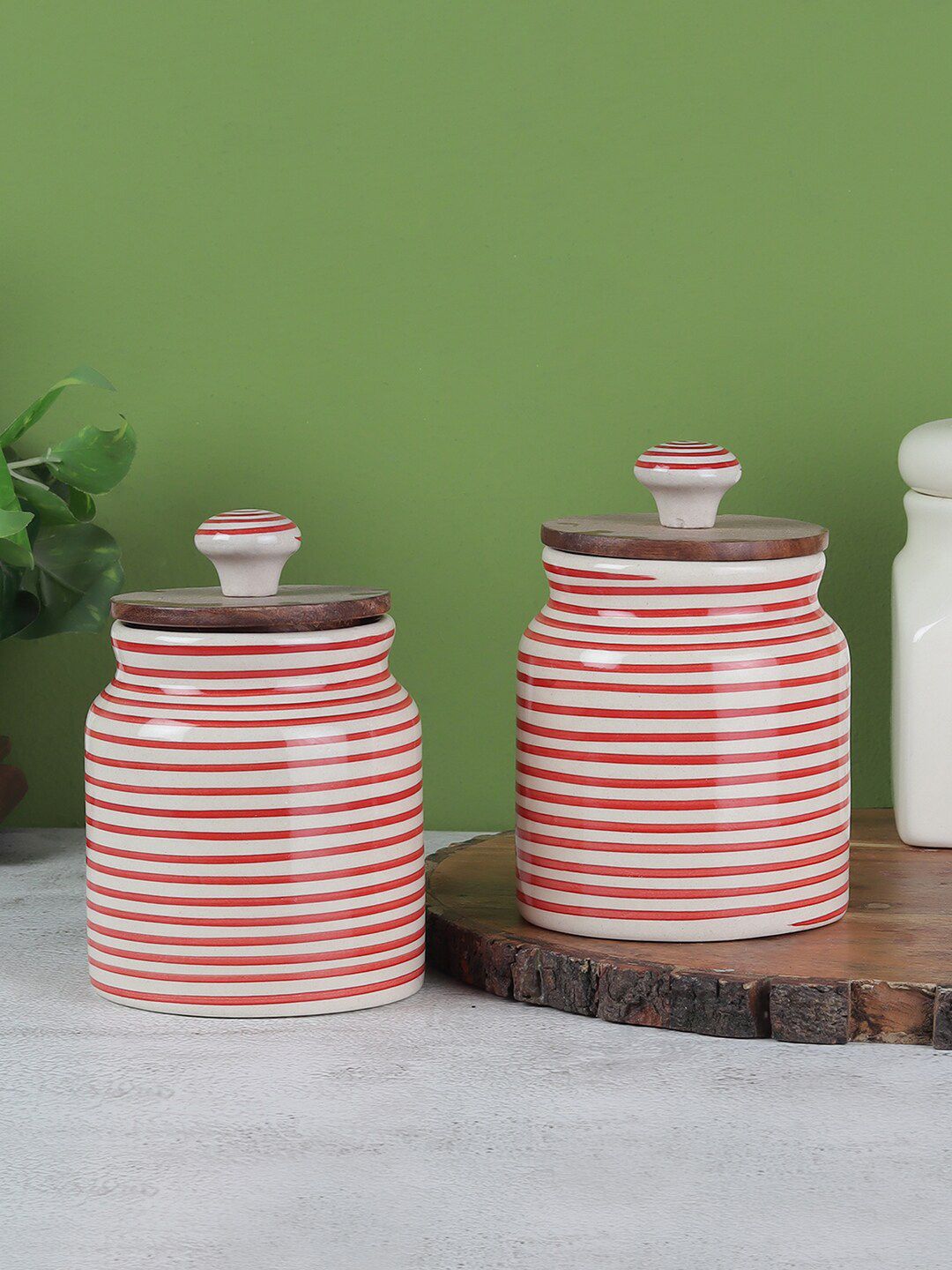VarEesha Set of 2 Red & White Ceramic Jars With Lid Price in India