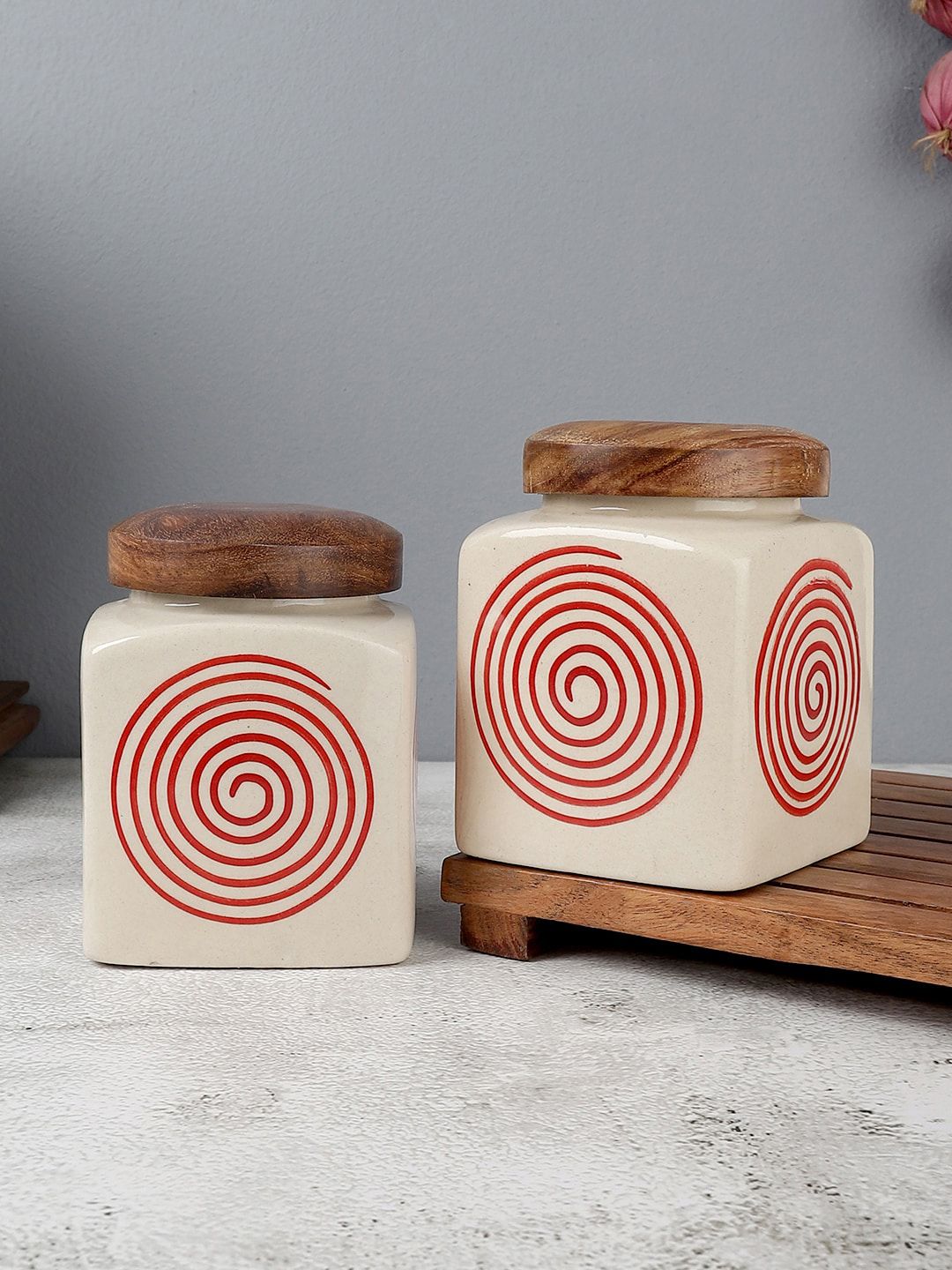 VarEesha Set Of 2 White & Red Handcrafted Square Ceramic Jars Price in India
