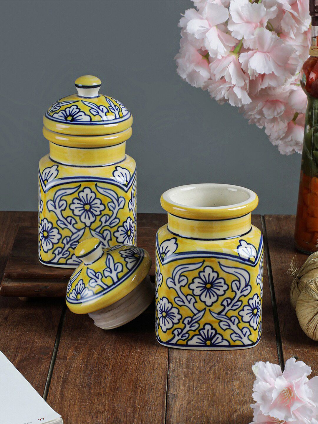VarEesha Set Of 2 White & Yellow Handcrafted Ceramic Pickle Jars Price in India