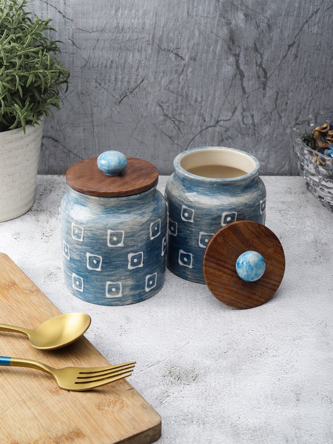 VarEesha Set of 2 Blue & White Printed Jars With Lid Price in India