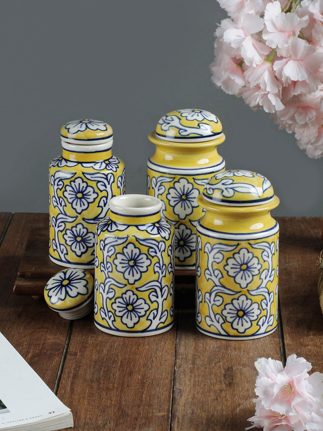 VarEesha Set of 4 Yellow & White Printed Jars With Lid Price in India