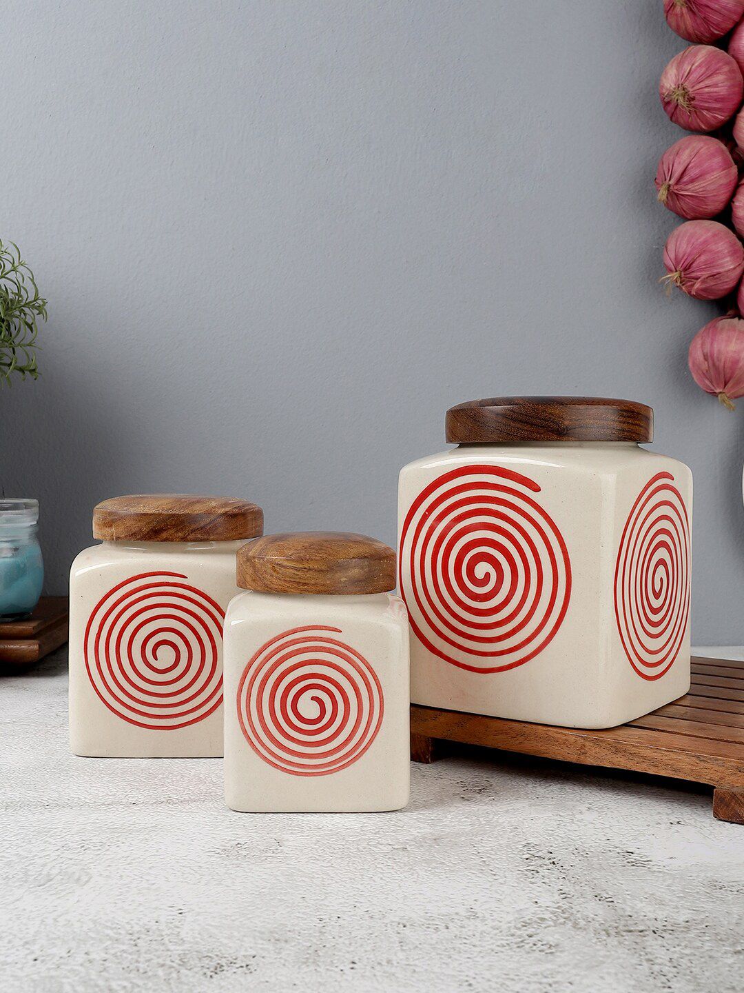 VarEesha Set of 3 Cream & Red Patterned Handcrafted Ceramic Canister Price in India