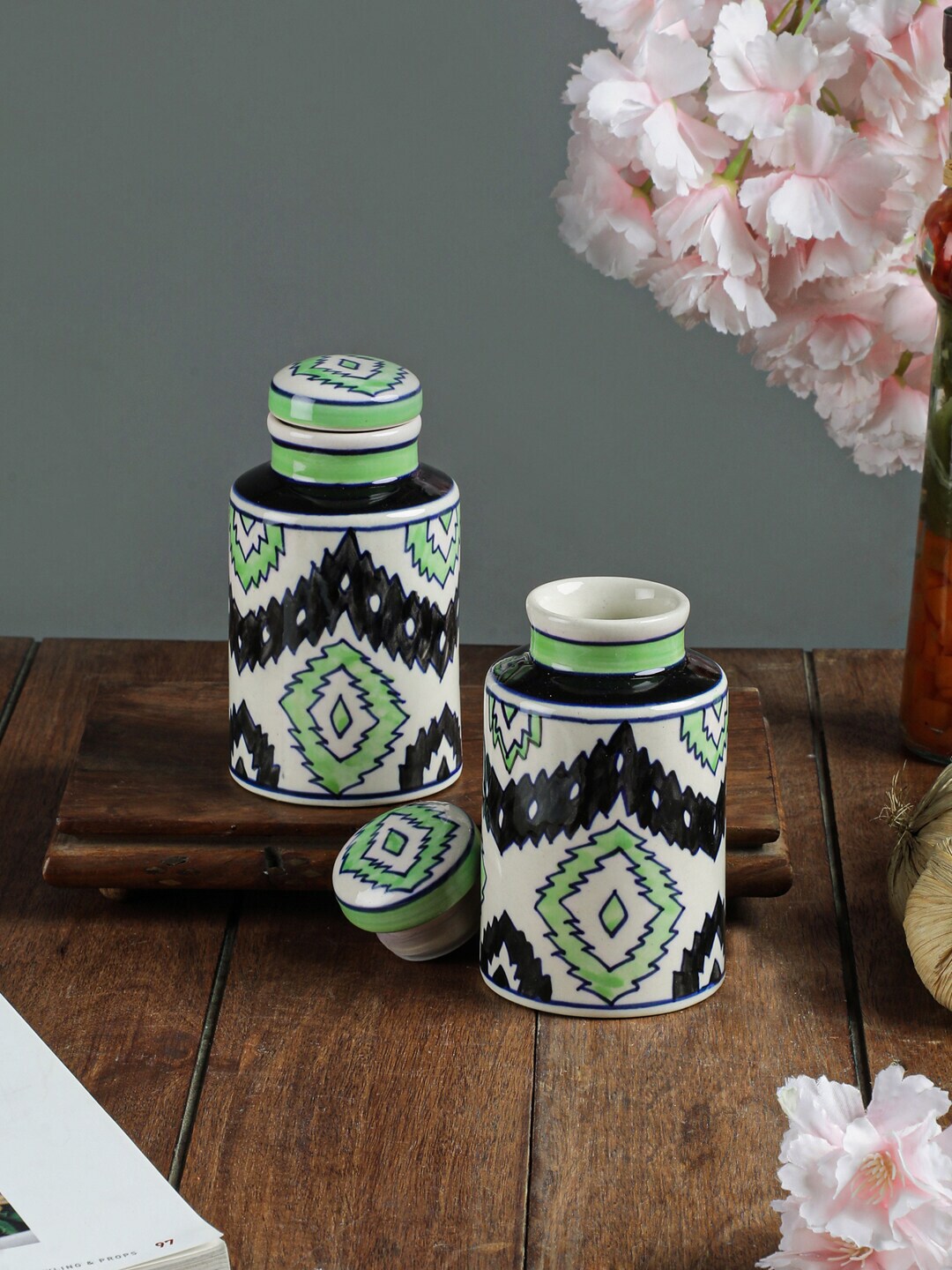 VarEesha Set Of 2 Green & White Handcrafted Ceramic Jars Price in India