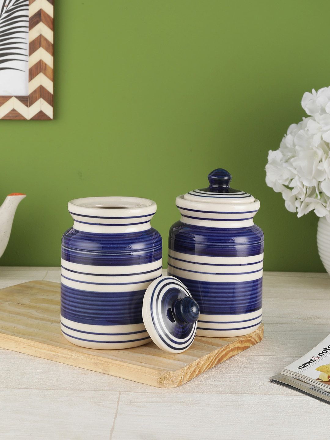 VarEesha Set of 2 Blue & White Striped Jars With Lid Price in India