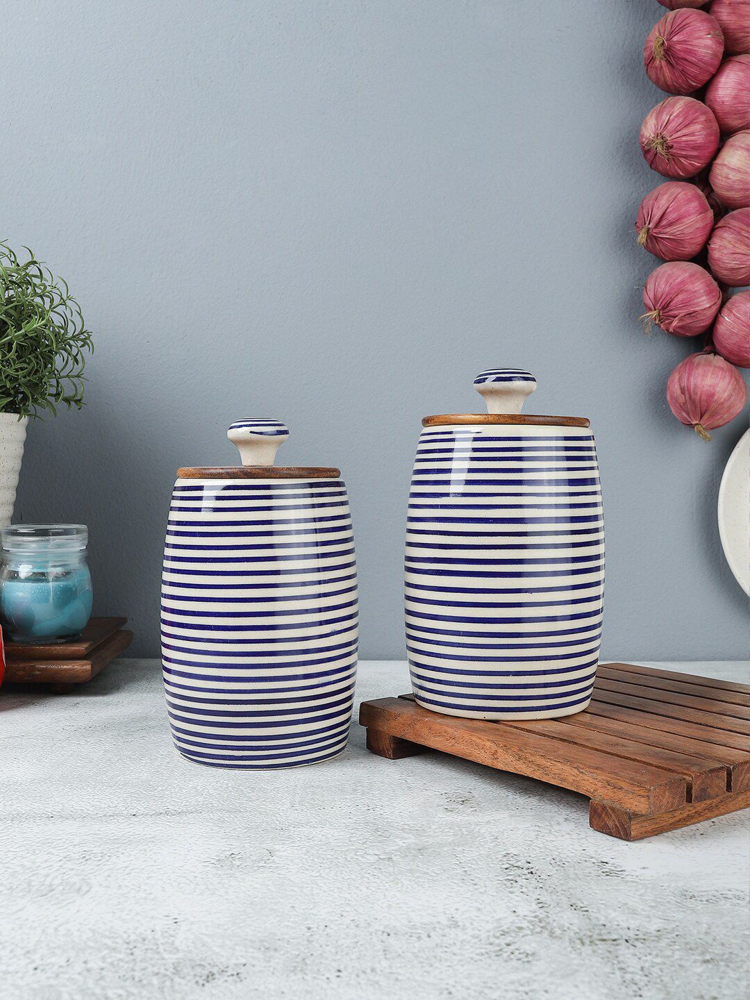VarEesha Set Of 2 Blue & White Spiral Handcrafted Ceramic Jars Price in India