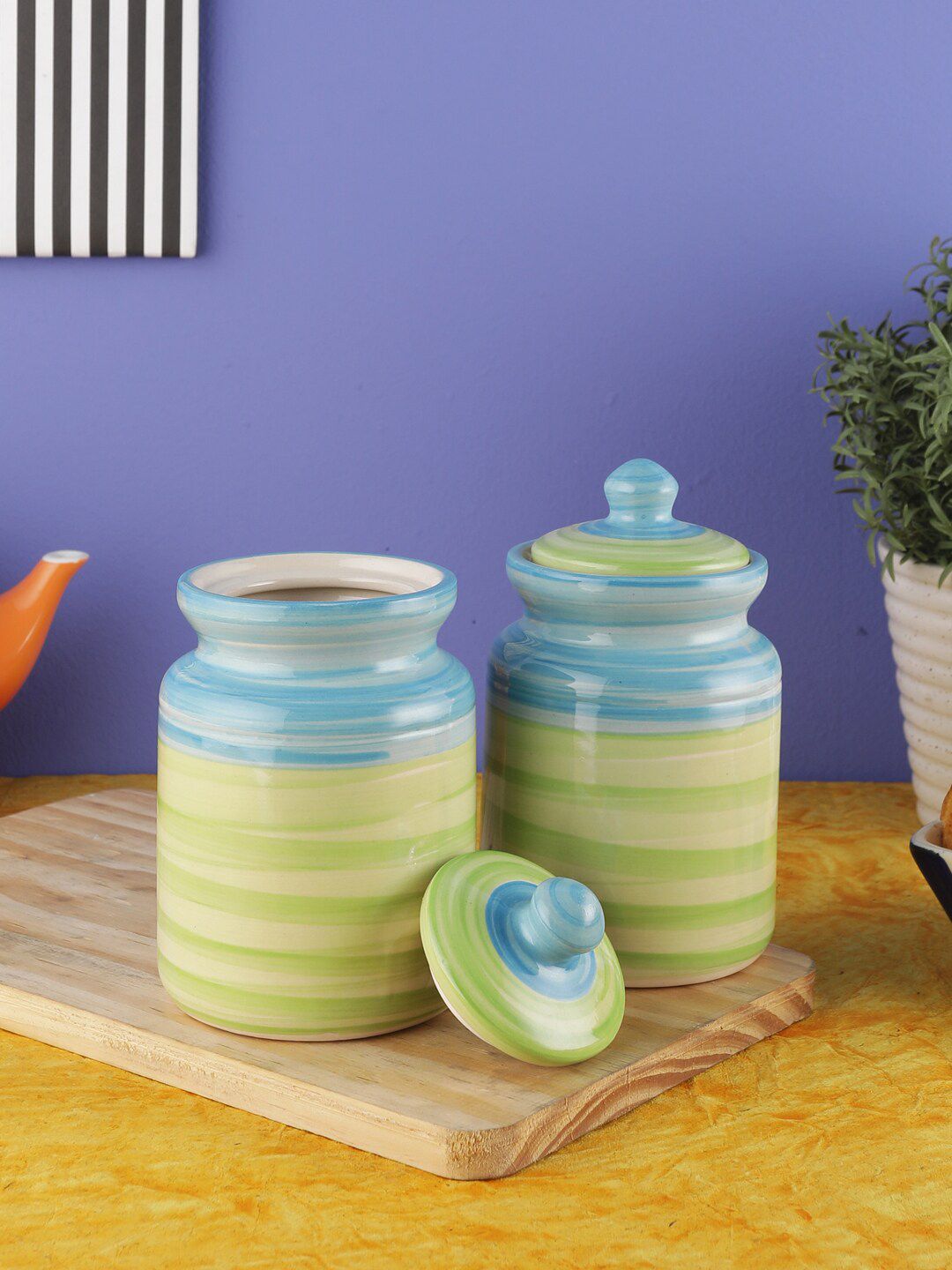 VarEesha Set of 2 Blue & Green Ceramic Jars Price in India