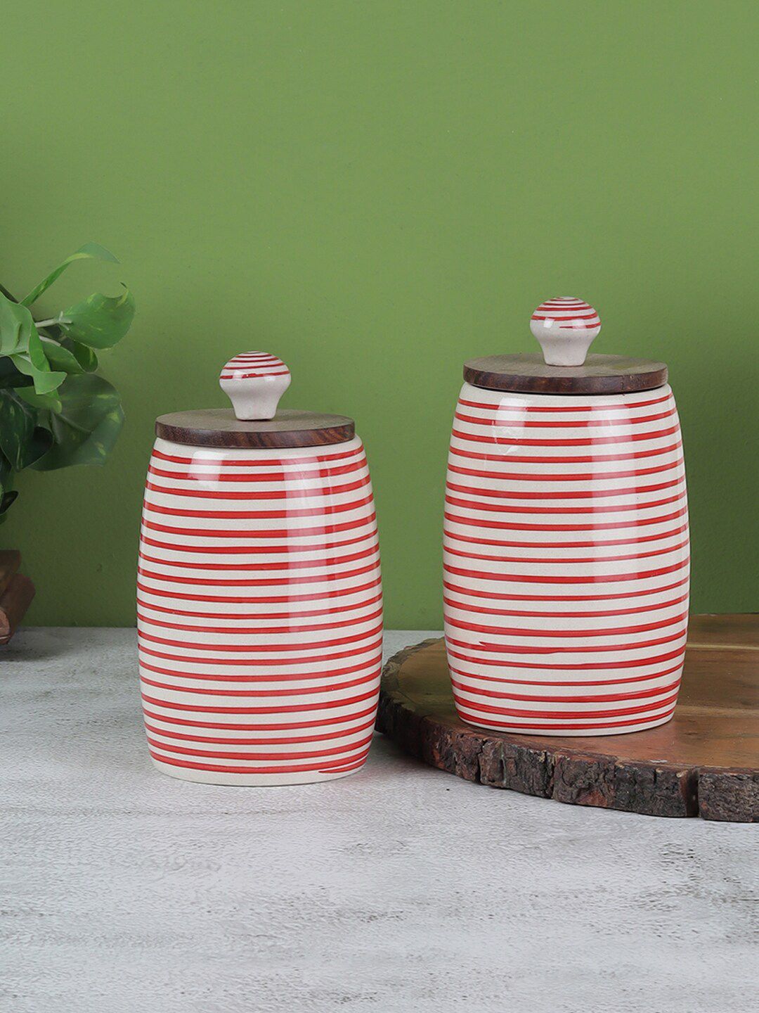 VarEesha Set of 2 Red & white Striped Jars With Lid Price in India