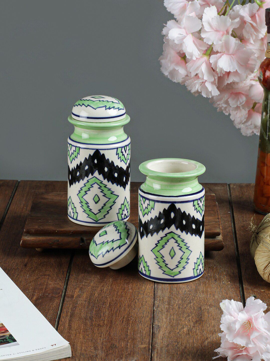 VarEesha Set Of 2 Green & Black Aztec Air Tight Ceramic Jars Price in India
