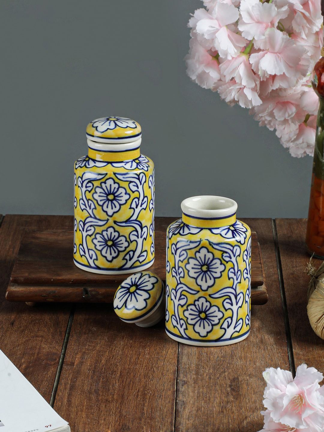 VarEesha Set Of 2 Yellow & White Manohar Ceramic Spice Jars Price in India