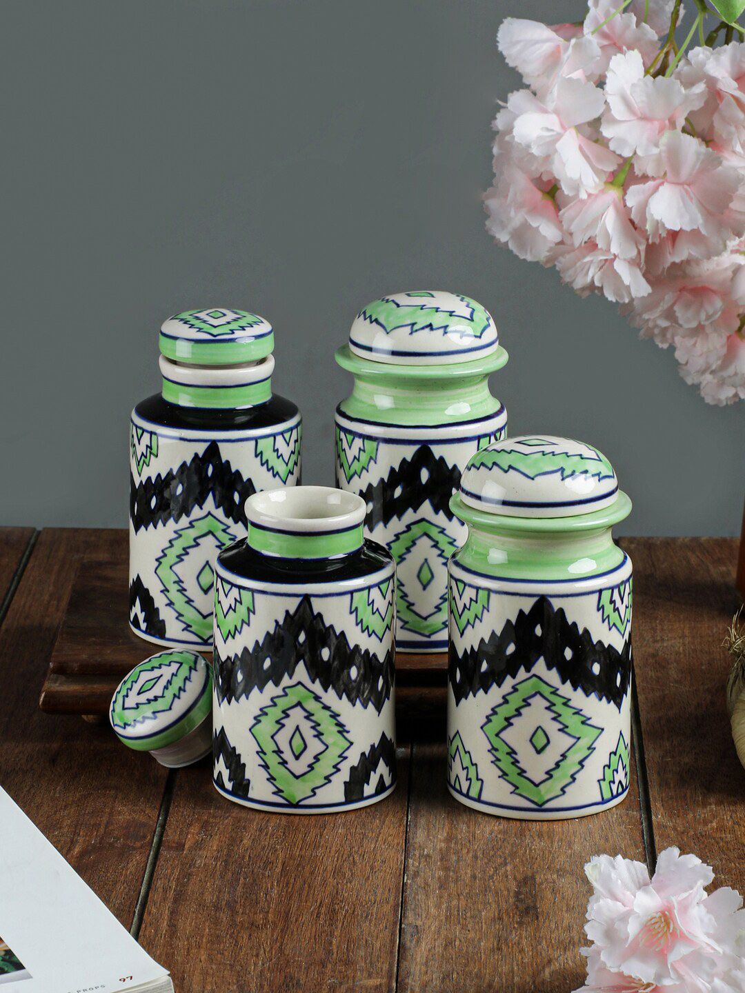 VarEesha Set Of 4 Green & Black Aztec Air Tight Ceramic Jars Price in India