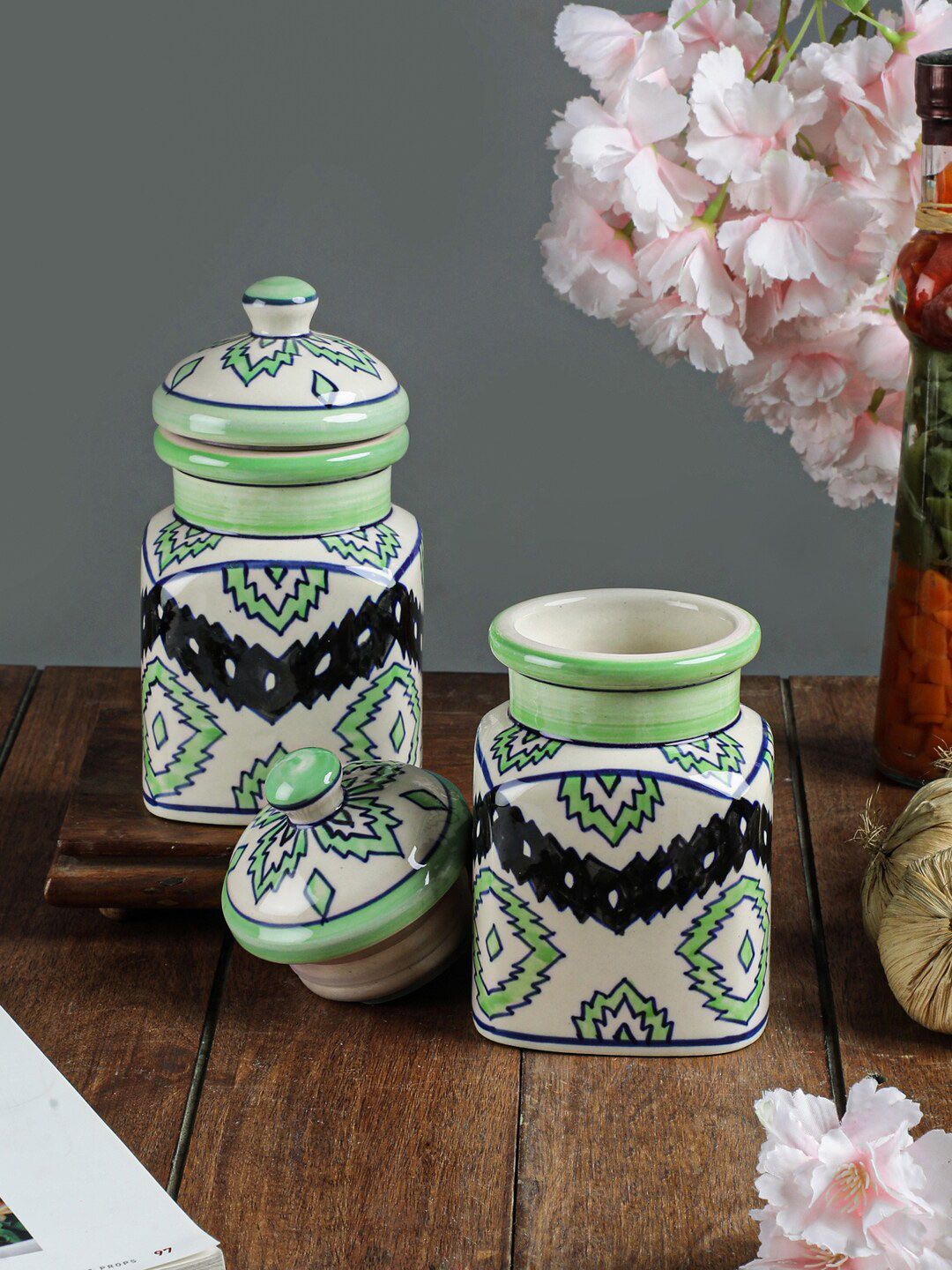 VarEesha Set Of 2 Green & Black Aztec Air Tight Ceramic Jars Price in India